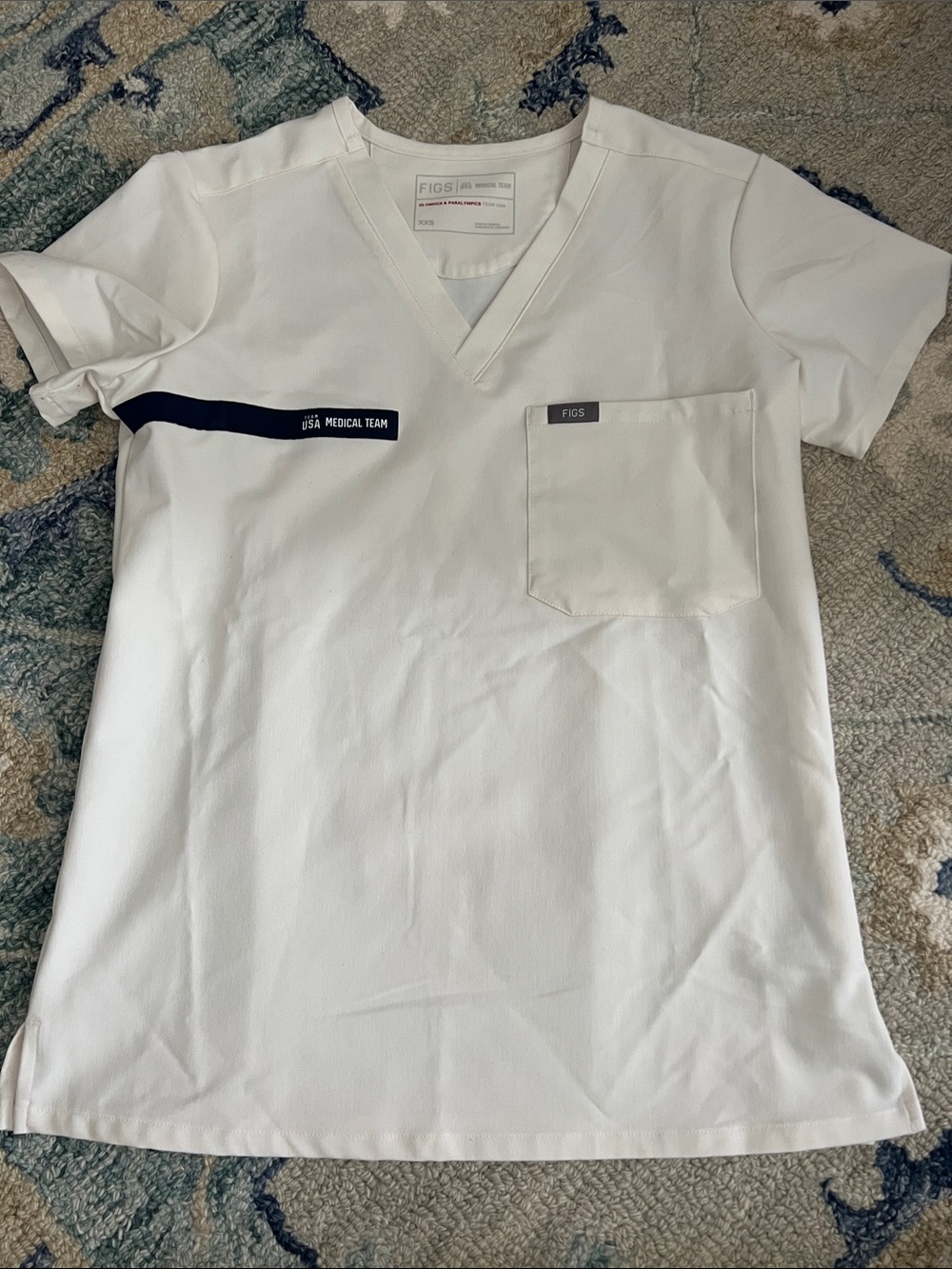 Figs White V-Neck Scrub Top with Navy Stripe